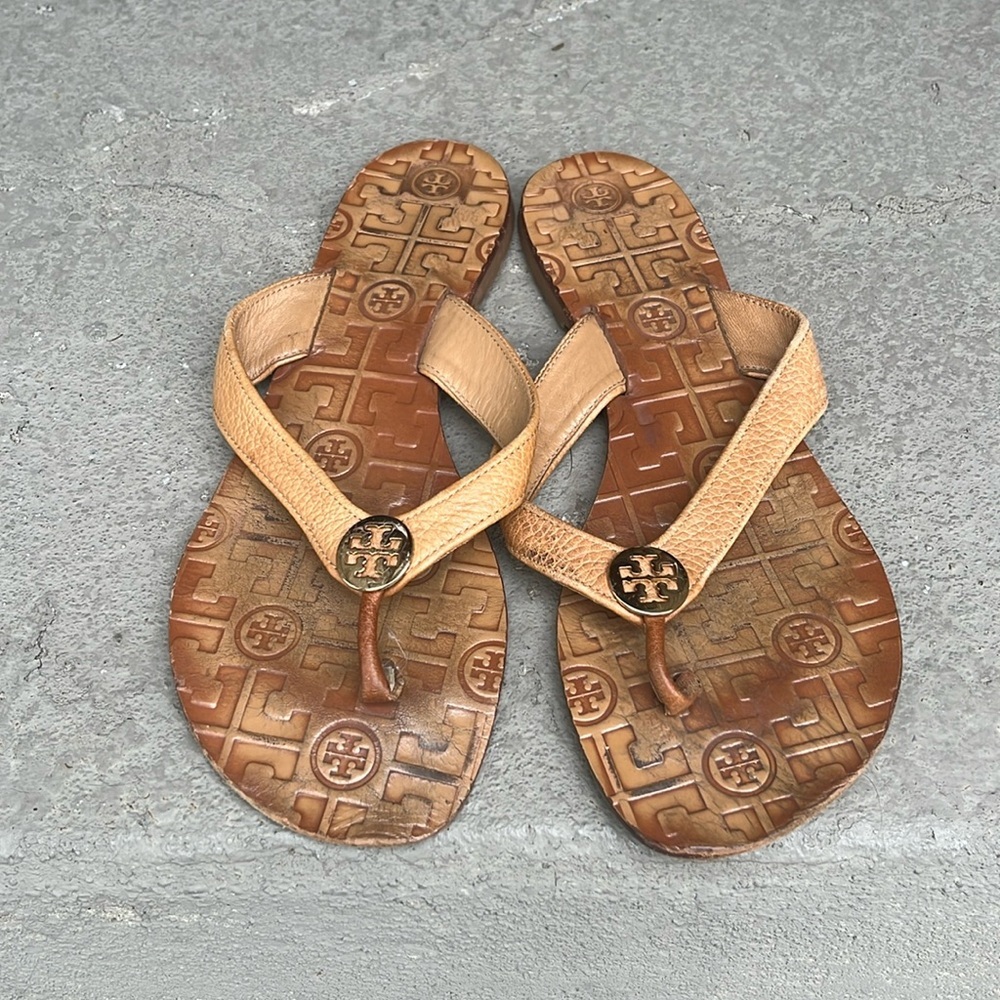 Tory Burch Thora Brown Leather Sandal, worn